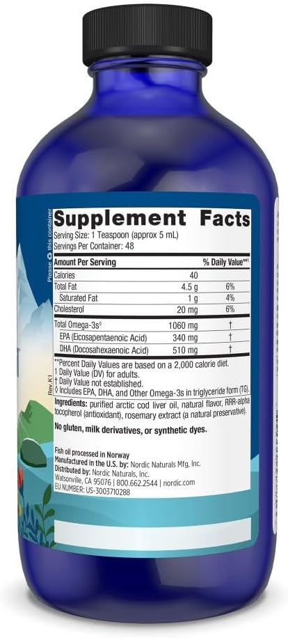 Nordic Naturals Arctic Cod Liver Oil, Lemon - 8 oz - 1060 mg Total Omega-3s with EPA & DHA - Heart & Brain Health, Healthy Immunity, Overall Wellness - Non-GMO - 48 Servings
