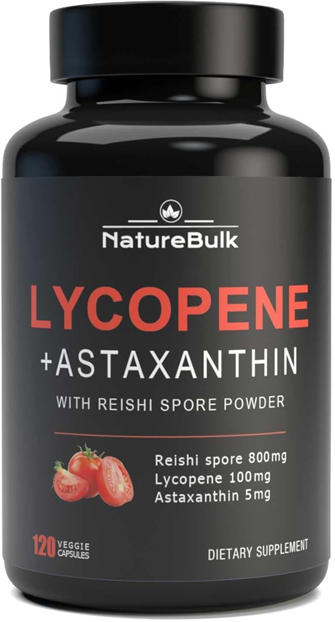 Lycopene 100mg + Astaxanthin 5mg with Reishi Spore, Supplement for Skin Health and Immune Support, 100% Natural Astaxanthin from MicroAlgae and Natural Tomato Extract, 120 Veggie Capsules