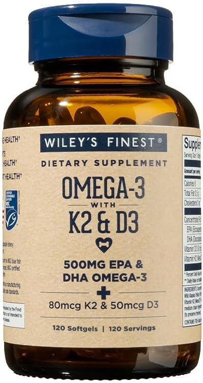 Wiley's Finest Wild Alaskan Fish Oil Vitamin K2 & D3 Softgels - 500mg of EPA and DHA Omega-3s for Bone and Heart Health Support - 120 Softgels (120 Servings)