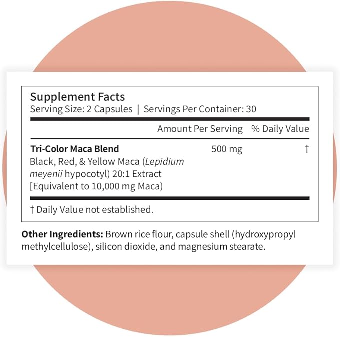 Pattern Wellness Maca Root Extract 20:1 (10,000 mg Equivalent) – for Men & Women – Tri-Color Black/Red/Yellow Blend – 60 Vegan, Non-GMO Capsules