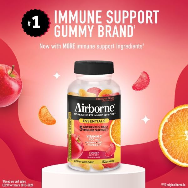 Airborne 400mg Vitamin C Gummies for Adults & Children, Immune Essentials Daily Immune Support Supplement with Vitamins C & E - Orchard Fruit Flavor, 132 Gummies (Pack of 2)