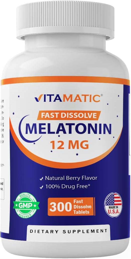 Vitamatic Melatonin 12 mg – Natural Berry Flavor – 300 Fast Dissolve Tablets – Formulated by Healthcare Professionals – Non-GMO, Gluten Free