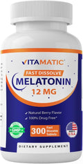 Vitamatic Melatonin 12 mg – Natural Berry Flavor – 300 Fast Dissolve Tablets – Formulated by Healthcare Professionals – Non-GMO, Gluten Free