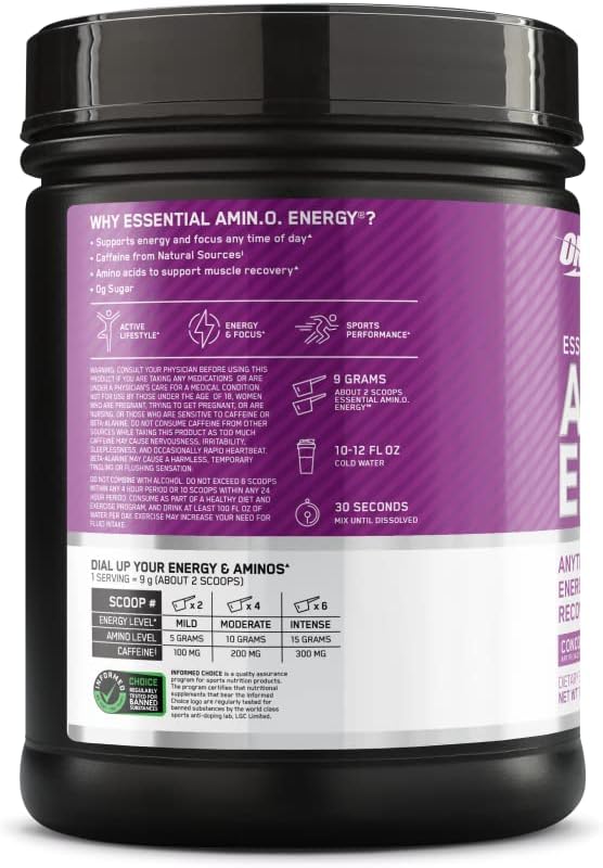 Optimum Nutrition Amino Energy - Pre Workout with Green Tea, BCAA, Amino Acids, Keto Friendly, Green Coffee Extract, Energy Powder - Concord Grape, 65 Servings (Packaging May Vary) (Pack of 6)