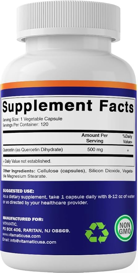 Vitamatic Quercetin 500 mg, 120 Vegetarian Capsules (Non-GMO, Gluten Free, Vegan) - Supports Cardiovascular Health