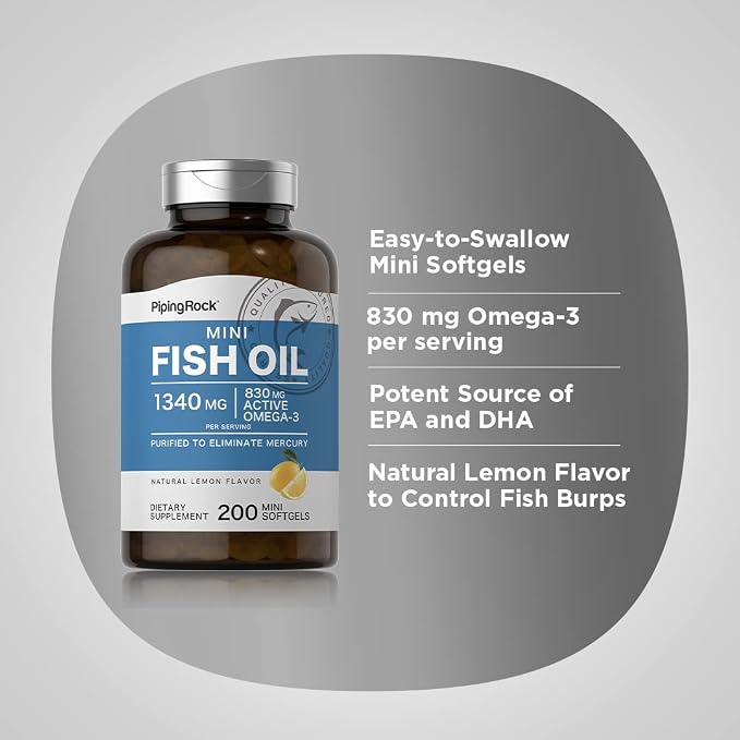 Piping Rock Mini Fish Oil 1340mg | 200 Softgels | Omega-3 Supplement for Men & Women | Lemon Flavor | Non-GMO and Gluten Free