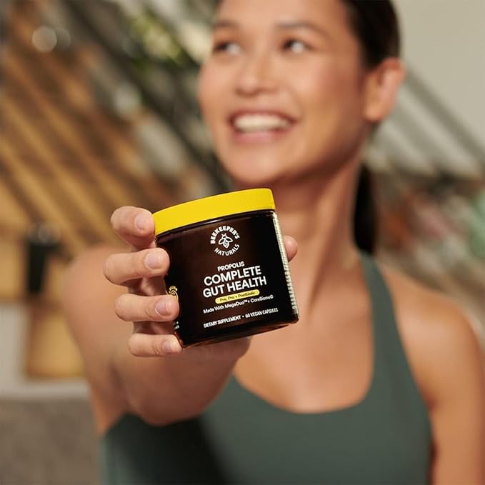 Beekeeper's Naturals Complete Gut Health, 3-in-1 Prebiotic, Postbiotic, Probiotics for Digestive Health & Bloating Relief for Women & Men, Propolis Powered, Gluten-Free Vegan Capsules, 28ct