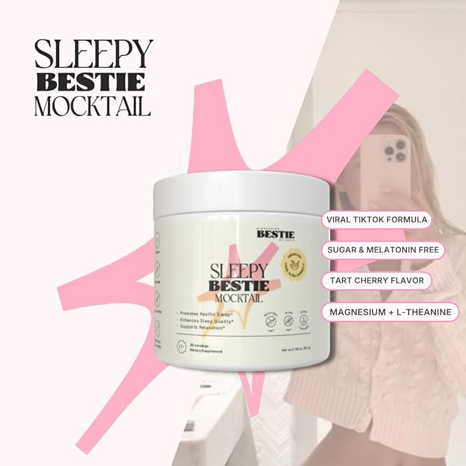 Sleepy Bestie Mocktail for Women & Men - Magnesium Citrate & Glycinate Powder for Sleep, Calm Support Supplement with L-Theanine & Tart Cherry Extract, Gluten Free - 2.96 oz