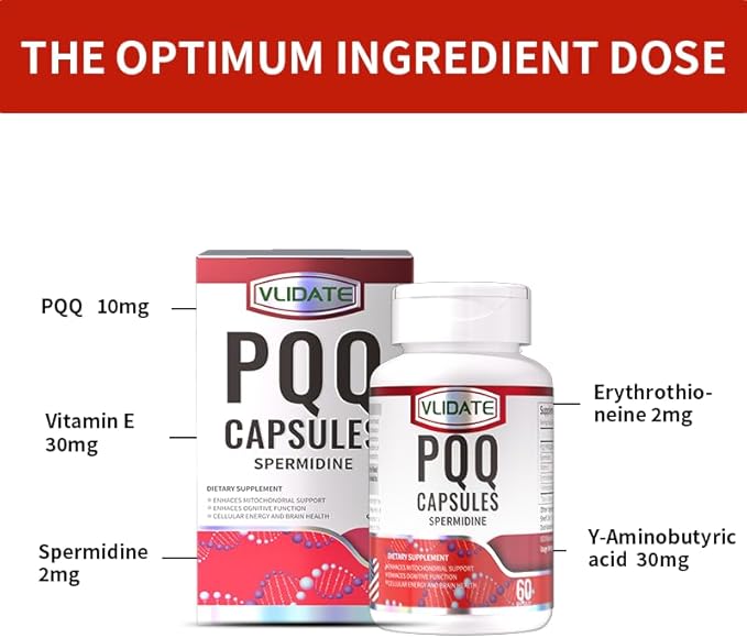 PQQ Complex – Featuring Pyrroloquinoline Quinone, GABA, Spermidine & Vitamin E – Enhances Mitochondrial Support & Brain Function – 30 Vegetarian Capsules
