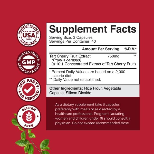 Extra Strength Tart Cherry Capsules - Tart Cherry Extract Capsules for Uric Acid Cleanse for Kidney Support - Fruit Extract Supplement for Urinary Tract Health & Joint Support - 120 Count