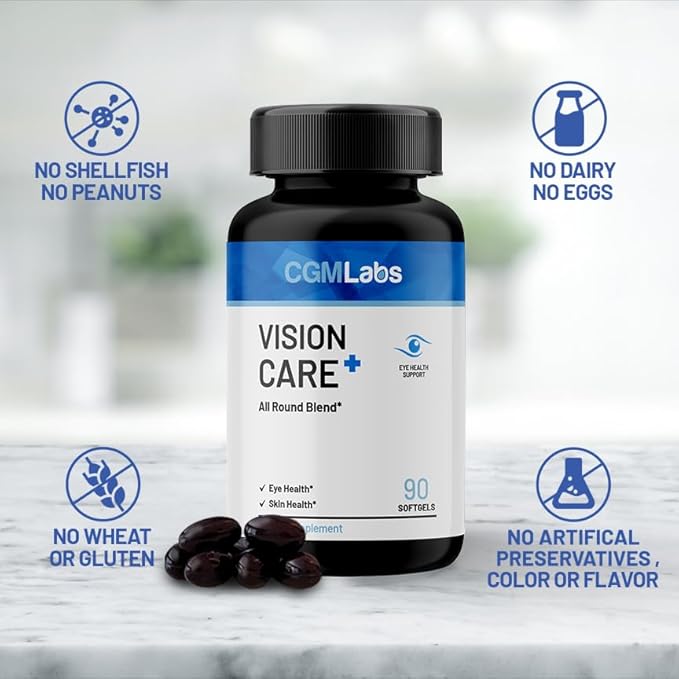 Vison Care Plus - Complete Dietary Supplement for Your Vision- Lutein 20mg, Zeaxanthin, Vitamin A, Bilberry Extract - 90 Softgels by CGM Labs