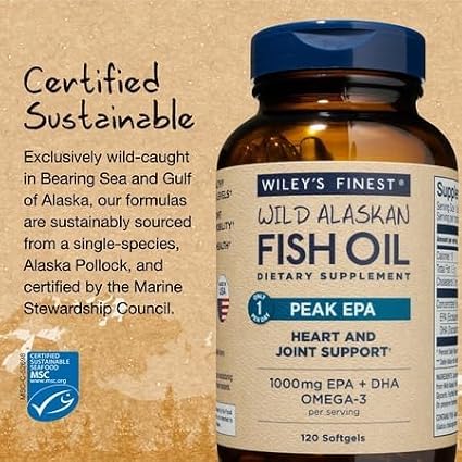 Wiley's Finest Wild Alaskan Fish Oil Peak EPA - Triple Strength Peak EPA & DHA Supplement - 1000mg Fish Oil - Omega-3s for Joint Health Support - 120 Softgels (120 Servings)