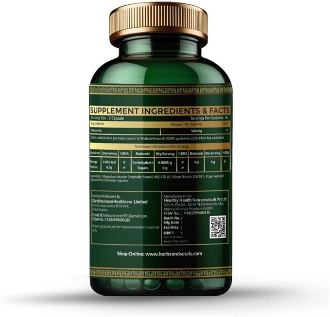 HERBS & SEEDS Quercetin Complex 500mg Supplement Natural Vegan Sources with Bioflavonoids & Potent Antioxidants for Cellular Health Support & Promotes Immunity – 90 Capsules