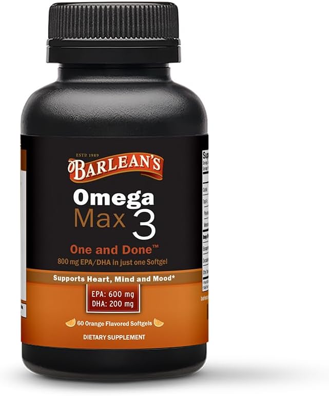 Barlean's Ideal Omega Max 3 Fish Oil Supplements, 1000 mg Softgels, EPA and DHA Fatty Acid Pills for Men and Women, Orange Flavor, 60 Count