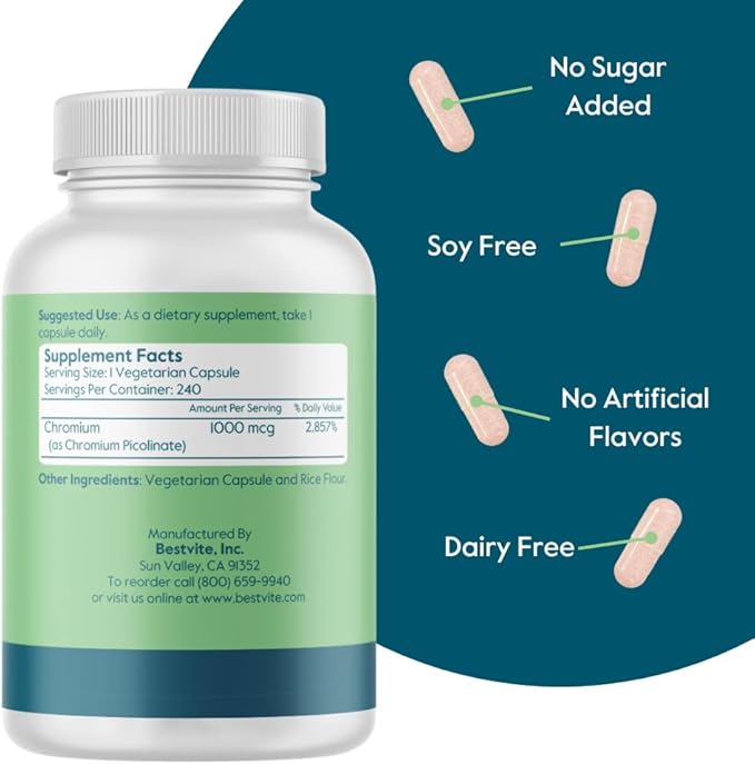 BESTVITE Chromium Picolinate 1000mcg (480 Vegetarian Capsules) (240 x 2) - No Stearates - Vegan, Gluten Free, Non-GMO - Mineral Supplement - Supports Healthy Metabolism* - Easy-to-Swallow Capsules
