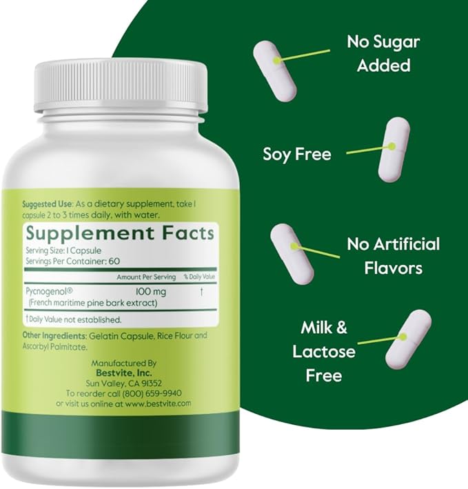 BESTVITE Pycnogenol 100mg (120 Capsules) (60x2) - French Maritime Pine Bark Extract - No Stearates - Gluten Free - Non GMO