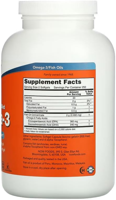 NOW Foods Supplements, Omega-3 180 EPA / 120 DHA, Molecularly Distilled, Cardiovascular Support*, 500 Softgels, (Pack of 2)