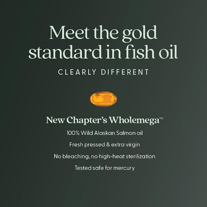 New Chapter Wholemega Fish Oil Supplement, Tiny Capsules, 2000mg per Serving, Clinically Proven Wild Alaskan Salmon Oil with Omega-3 + Vitamin D3 + Astaxanthin, 500mg per softgel - 180 Count