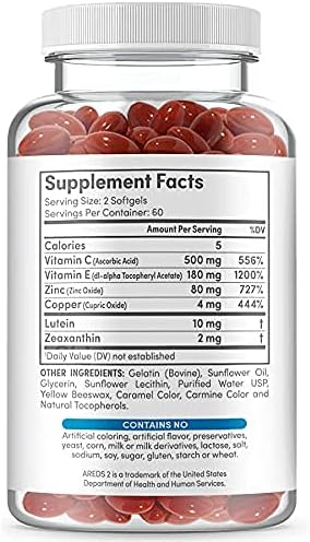 Eye Vitamins - AREDS 2 Based Formula - Eye Vitamin with Lutein & Zeaxanthin for Macular Health - Vision Supplements for Adults - 120 Softgels Support & Care for Eyes - Made in USA