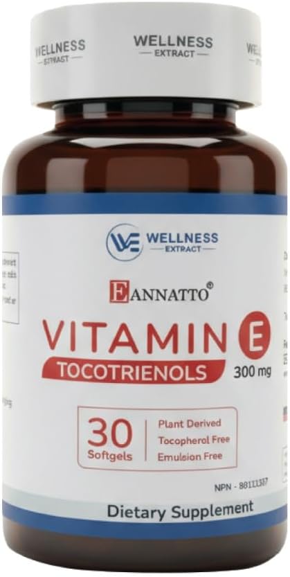 WELLNESS EXTRACT Eannatto Tocotrienols Vitamin E Supplements Tocopherol Free, Non-GMO, Gluten Free & Antioxidant (300MG 30 Softgels)