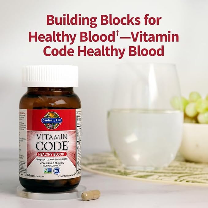 Garden of Life Vitamin Code Healthy Blood - Iron Supplement for Women, 60 Vegan Capsules, with Vitamins B, C, Trace Minerals, Fruit Veggies, Probiotics - for Energy and Anemia Support (Pack of 6)