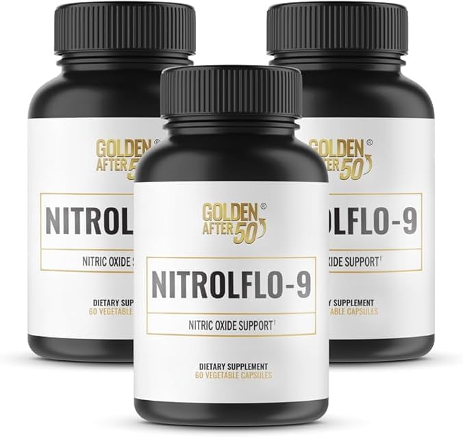 Golden After 50 NitrolFlo-9 - Nature-Powered Nitric Oxide Supplement with Pomegranate Extract, Grape Seed, and S7 - Supports Nutrient Circulation and Optimal Energy - 3 Bottles