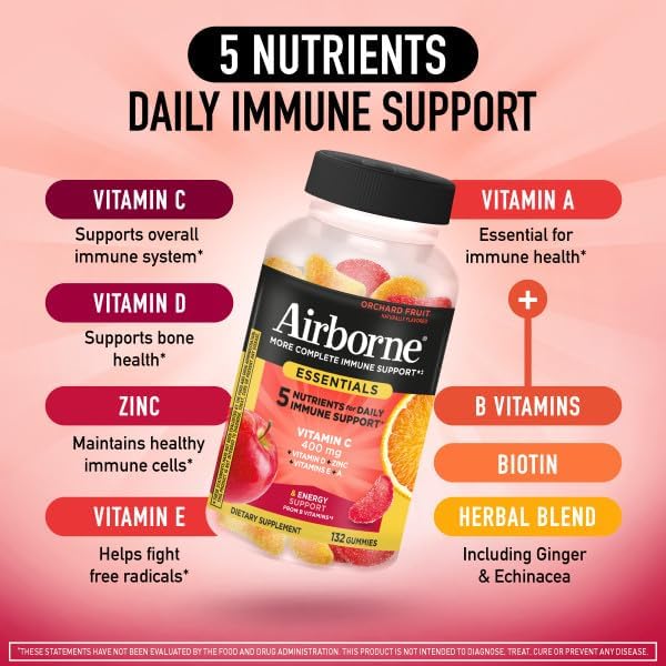 Airborne 400mg Vitamin C Gummies for Adults & Children, Immune Essentials Daily Immune Support Supplement with Vitamins C & E - Orchard Fruit Flavor, 132 Gummies (Pack of 2)