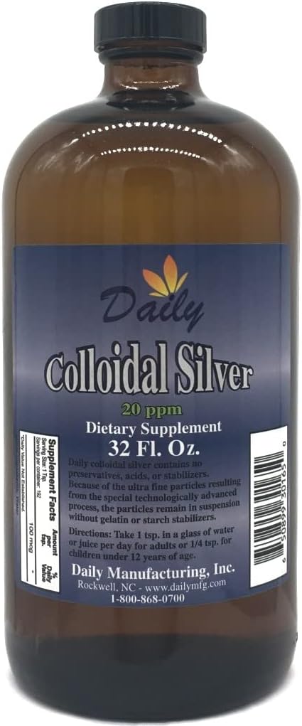 Daily Manufacturing Colloidal Silver (20 ppm - No Preservatives, Acids or Stabilizers) 32 oz Amber Glass Bottles