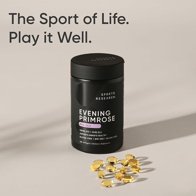 Sports Research Evening Primrose Oil (500mg) Cold-Pressed with No fillers or Artificial Ingredients, Non-GMO Tested - Gluten & Soy Free (240 Liquid Softgels) (Pack of 2)