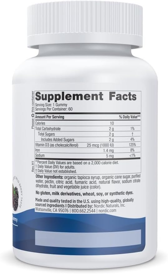 Nordic Naturals Vitamin D3 Gummies, Wild Berry - 60 Gummies - 1000 IU Vitamin D3 - Great Taste - Healthy Bones, Mood & Immune System Function - Non-GMO - 60 Servings