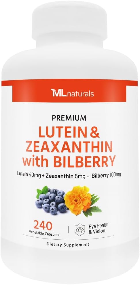 ML Naturals Lutein & Zeaxanthin with Bilberry – 40mg Lutein, 5mg Zeaxanthin & 100mg Bilberry (Per Serving) – 240 Vegetable Capsules – Supports Eye Health & Vision