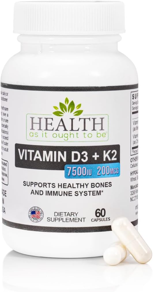 HAIOTB D3+K2: Vitamin D3 7500 IU (188mcg) + K2 200 mcg- 60 Capsules
