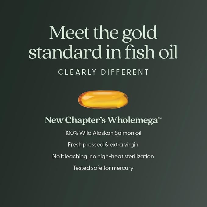 New Chapter Wholemega Fish Oil Supplement - 2000mg per Serving, Clinically Proven Wild Alaskan Salmon Oil with Omega-3 + Vitamin D3 + Astaxanthin, 60 Softgels