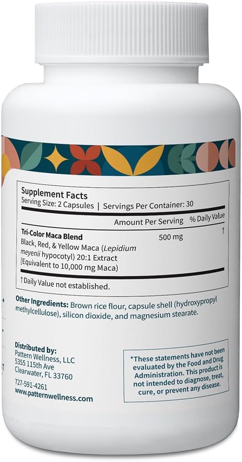 Pattern Wellness Maca Root Extract 20:1 (10,000 mg Equivalent) – for Men & Women – Tri-Color Black/Red/Yellow Blend – 60 Vegan, Non-GMO Capsules