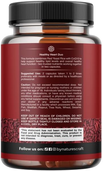 Natures Craft Red Yeast Rice with CoQ10 Supplement - Advanced Healthy Heart & Healthy Cholesterol Levels Formula for Men & Women - Red Yeast Rice Capsules with 1200 mg per Serving and CoQ10-120 Count