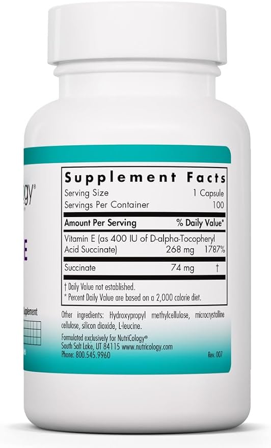 Nutricology Vitamin E Succinate - 400 IU d-Alpha-Tocopheryl Succinate - Antioxidant & Energy Support - Dry Powder Vegetarian Capsules - Hypoallergenic Formula - 100 Servings - 100 Capsules