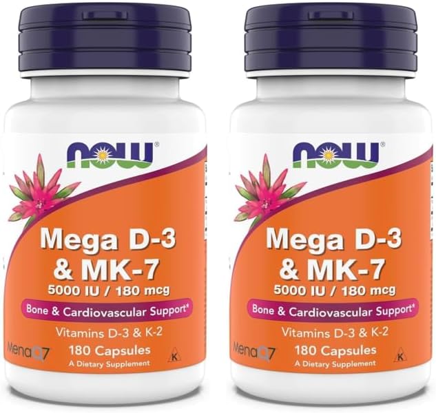Now Supplements, Mega D-3 & MK-7, 5000 IU / 180 mcg, Bone & Cardiovascular Support*, Vitamins K-3 & K-2, 180 Capsules (Pack of 2)