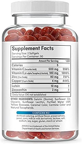 Eye Vitamins - AREDS 2 Based Formula - Eye Vitamin with Lutein & Zeaxanthin for Macular Health - Vision Supplements for Adults - 180 Softgels Support & Care for Eyes - Made in USA