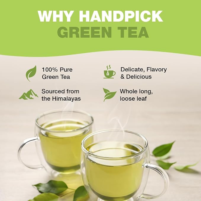 HANDPICK, Organic Green Tea Bags - 100 Eco-Friendly Tea Bags | USDA Organic | Resealable Pack for Freshness | Delicate & Flavory | Direct From India