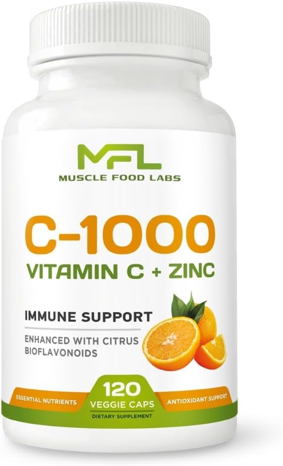 | Vitamin C + ZINC | C - 1000 | VIT C 1000mg | Zinc 25mg | Citrus Bioflavonoids 25mg | Non-GMO & Gluten Free | 120 Capsules