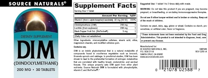 Source Naturals DIM, Diindolylmethane 200mg with BioPerine, Vitamin E & More - 30 Tablets