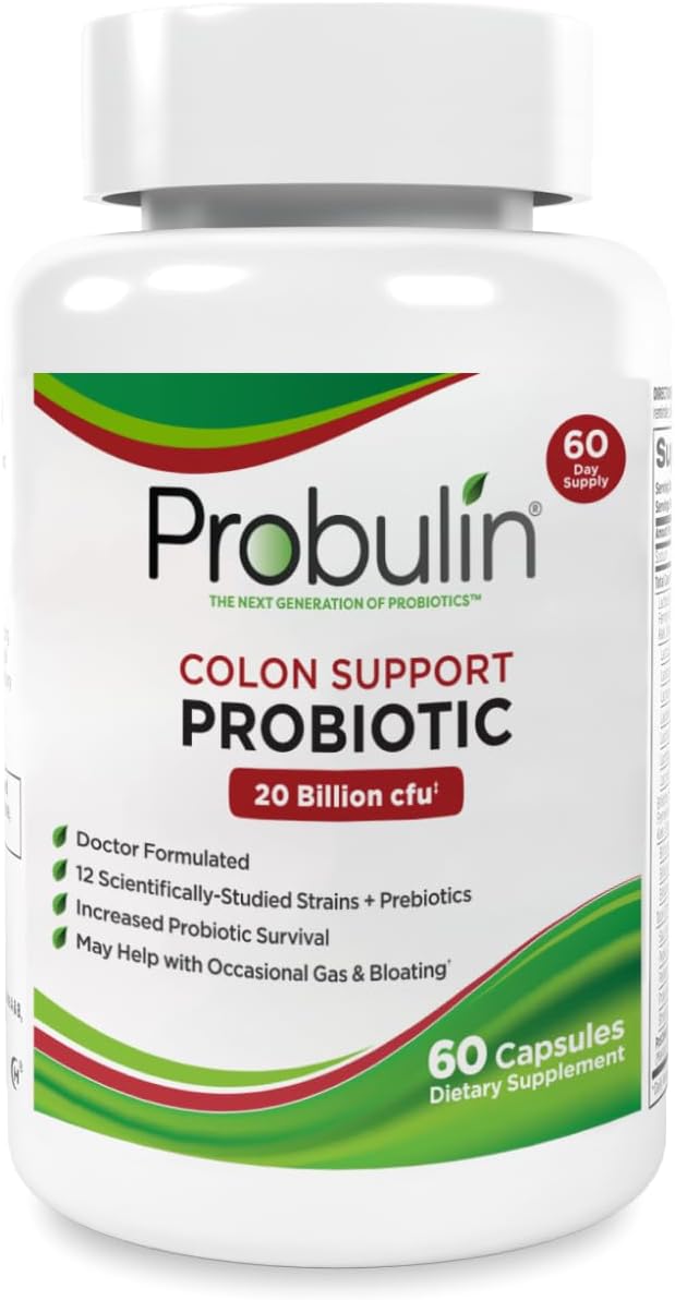 Probulin Colon Support Probiotic Supplement, Daily Gut, Digestive, and Immune Health Probiotics Capsules for Men and Women, 20 Billion CFU, Vegan, 60 Count Bottle