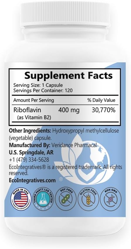 B2-400 Pure Riboflavin - Nervous System Health, Homocysteine Detox, Cardiovascular, Helps Boost Energy, Mental Clarity, Metabolism and Cell Function (120)