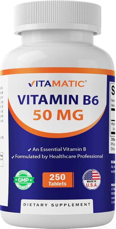 Vitamatic Vitamin B6 (Pyridoxine HCI), 50 mg 250 Vegetarian Tablets - Promotes Energy Production, boosts Metabolism and Immune Health Support