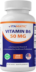 Vitamatic Vitamin B6 (Pyridoxine HCI), 50 mg 250 Vegetarian Tablets - Promotes Energy Production, boosts Metabolism and Immune Health Support