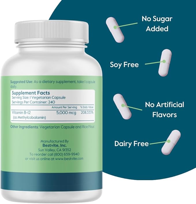 BESTVITE Vitamin B12 (Methylcobalamin) 5000mcg (240 Vegetarian Capsules) (Methyl B12) - No Stearates - Vegan - Non GMO - Gluten Free