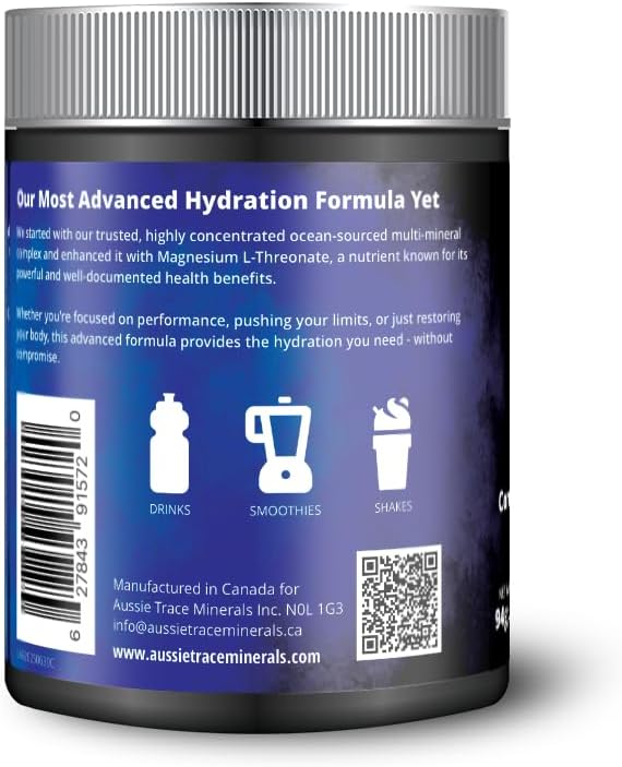 Aussie Trace Minerals Magnesium Hydration Powder | Supercharged Hydration, Recovery | Magnesium-Rich, Low Sodium | Ocean Minerals + Mag L‑Threonate | Sugar-Free, unflavored | 60 Serves | Vegan, Keto