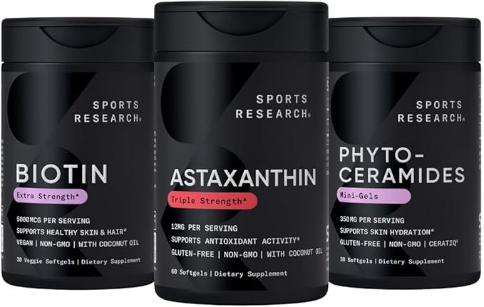Sports Research® Healthy Skin and Hair Support - Vegan Biotin 10,000mcg with Coconut Oil, Triple Strength Astaxanthin 12mg, and Phytoceramides 350mg per Softgel · Non-GMO · Vegan · Gluten-Free