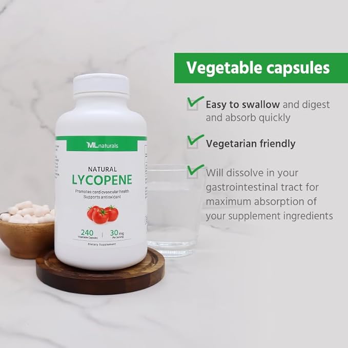 ML Naturals Natural Lycopene 30mg (Per Serving) – 240 Vegetable Capsules – from Tomato Extract – Supports Cardiovascular & Immune Health