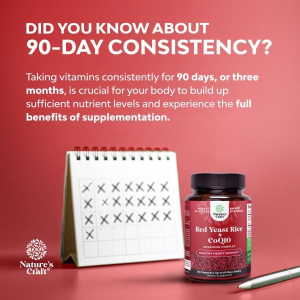 Natures Craft Red Yeast Rice with CoQ10 Supplement - Advanced Healthy Heart & Healthy Cholesterol Levels Formula for Men & Women - Red Yeast Rice Capsules with 1200 mg per Serving and CoQ10-120 Count